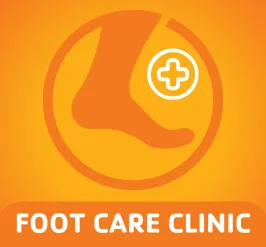 Foot care clinic: a foot and a medical care symbol. 