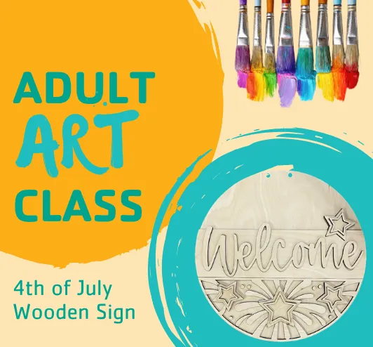 4th of July themed wooden sign with stars that reads "welcome."