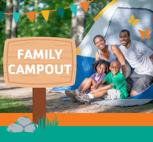 A happy family in a tent.