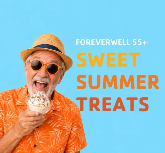 Sweet summer treats, ages 55+. An older gentleman eating ice cream.