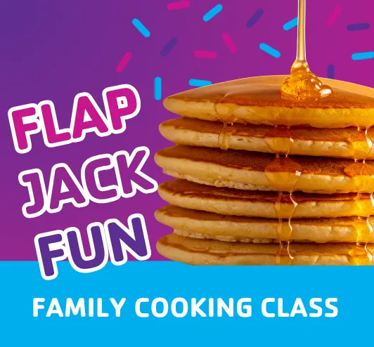 "Flap jack fun!" A stack of pancakes.